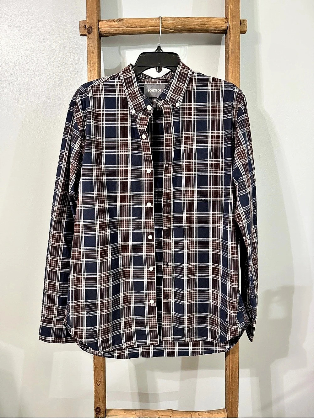 Bonobos Men's Size Large Slim Fit Long Sleeve Plaid Button Down Shirt Navy Brown